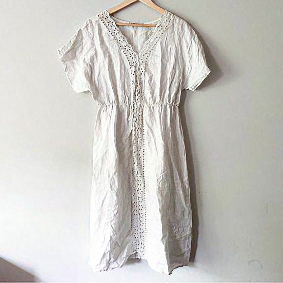 Valentina Naldi Dresses & Skirts - Valentina Naldi 100% Linen Off White Resort Wear Eyelet Midi Dress Size Large